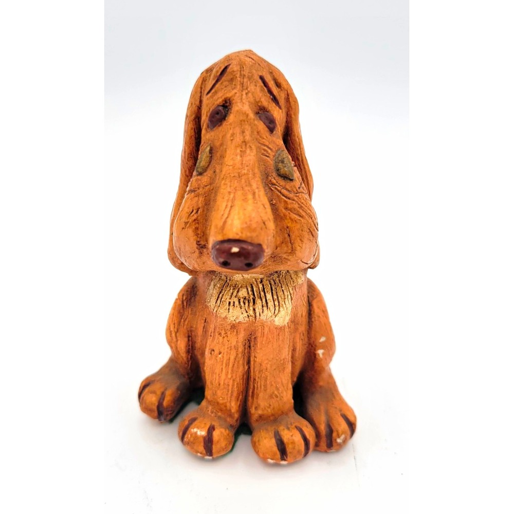 Brown Resin Sitting Dog Figurine, Free Standing Animal Decor Bloodhound 4" Vtg